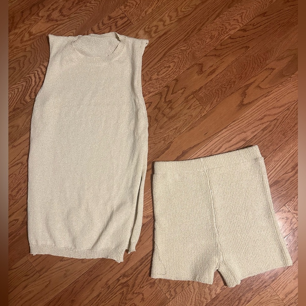 Cream Knit Sleeveless Top & Shorts Set